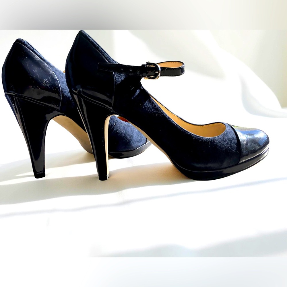 Franco Sarto Navy Blue Suede and Patent Leather Mary Jane Platform Heels Sz 8.5